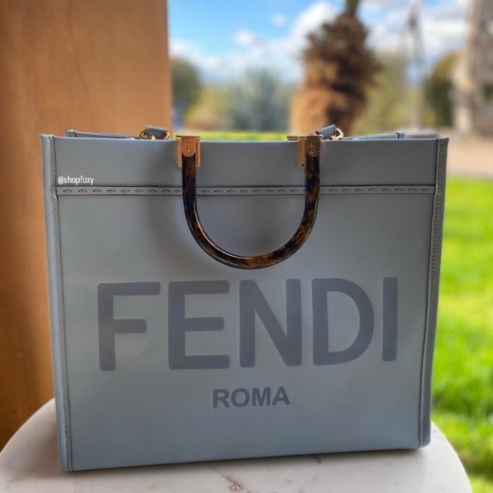 SOLD Fendi Sunshine Medium Light Blue Leather Shopper - Picture 1 of 13